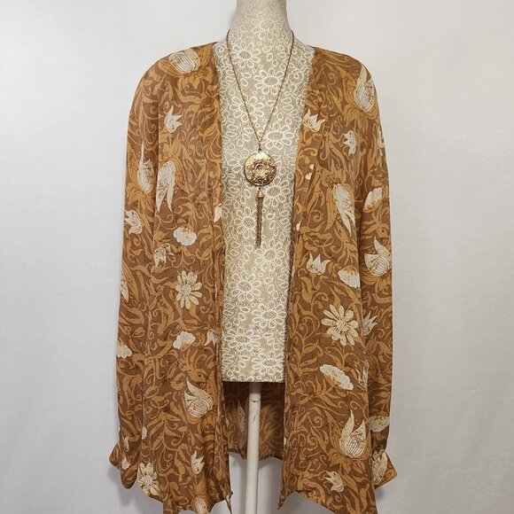 Real Clothes Sax 5th Ave Women's Size Large Mustard Floral Silk Button Up Top - Picture 1 of 15